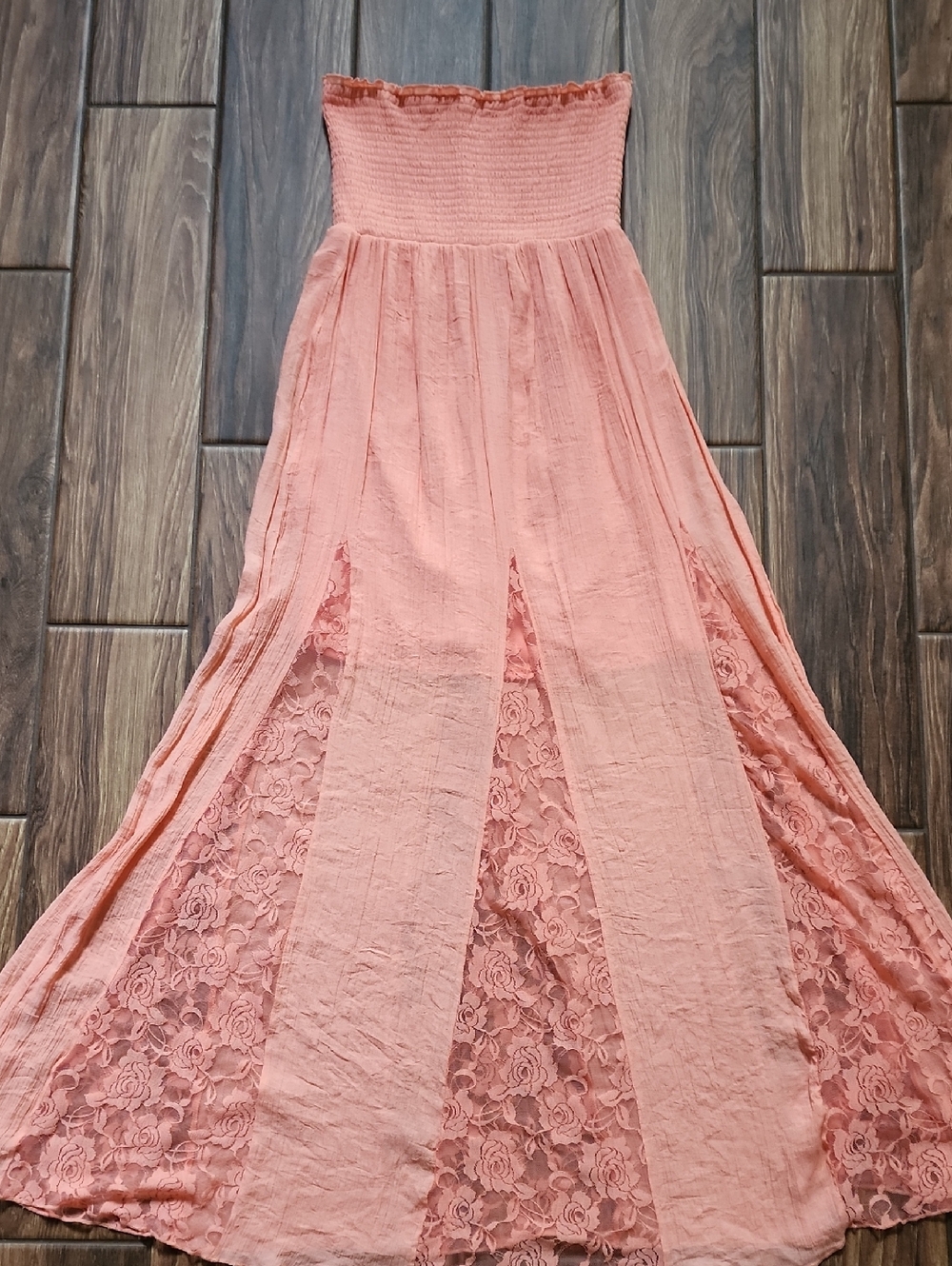 VENUS Strapless Peach Lace-Panel Maxi Dress